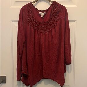 ** NWT** Knox Rose Burgundy Lace Neckline 3/4 Sleeve Blouse